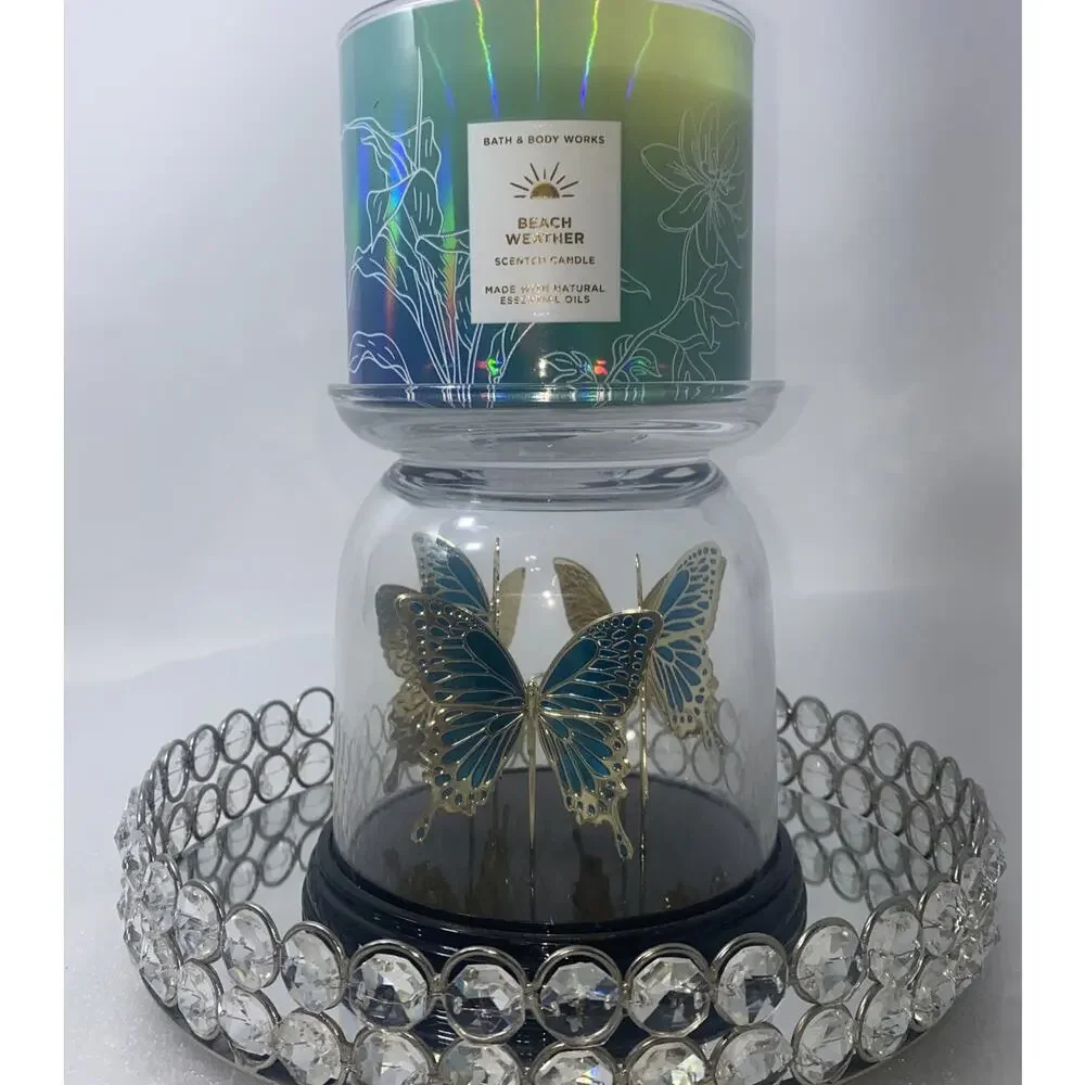 Bath & Body Works Butterfly Cloche Glass 3-Wick Candle Holder Pedestal Blue/New - Picture 5 of 6